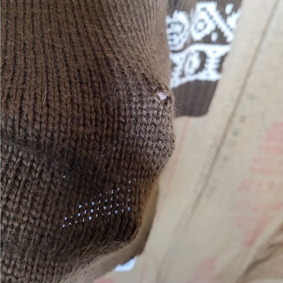 CHANEL IMAN x H&M brown fair isle nordic button up hooded cardigan sweater S - Picture 10 of 12